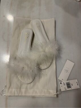 White Marabou Slide Slippers with Plush Feather Trim